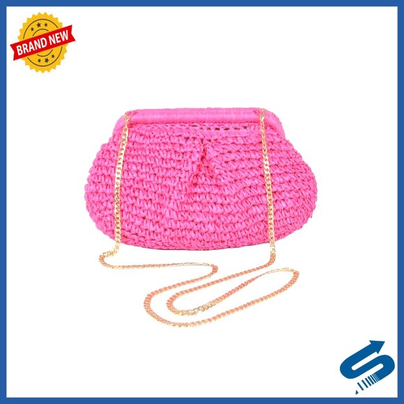 Faux Straw Chain Clutch with Metallic Strap, Structured Envelope Design